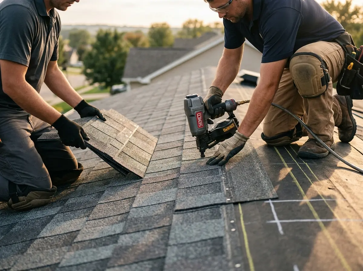 Professional roofer working on a residential roof in Old Forge